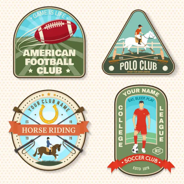 Vector illustration of Set of american football, soccer, polo and horse riding club embroidery patch. Vector. Sticker design with soccer, american football sportsman player, helmet, ball rider and horse silhouette.