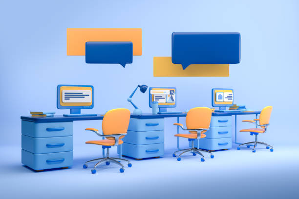 istock Coworking space with pc desktop on table, armchairs in row. Mockup bubble 1407982335
