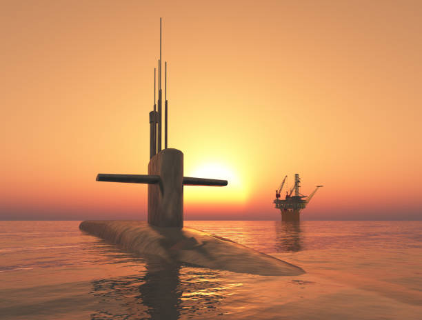 istock Modern submarine and offshore platform in the open sea at sunset 1407982417