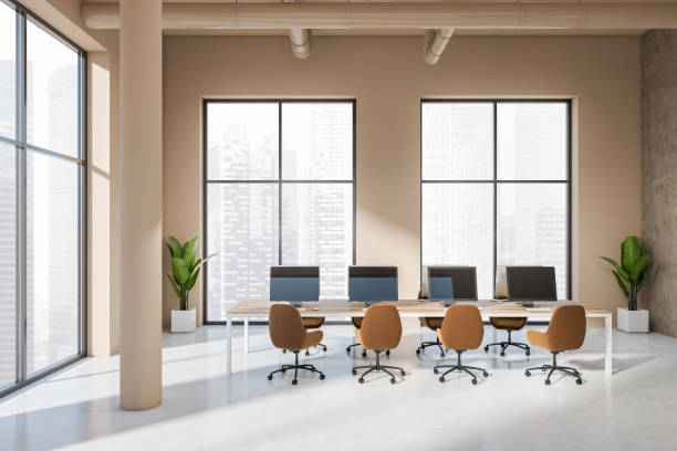 istock Office interior with pc computer, desk and panoramic window on city view 1407982418