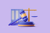 Gavel and law, scales on violet background, justice concept