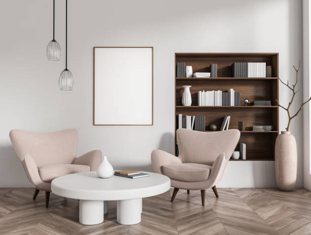 istock Lounge room interior with two chairs and shelf with decoration, mockup canvas 1407982502