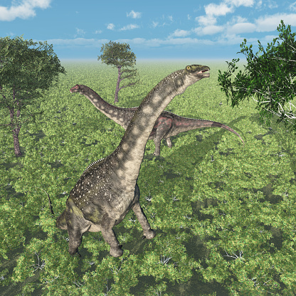 Computer generated 3D illustration with the dinosaur Diamantinasaurus in a landscape