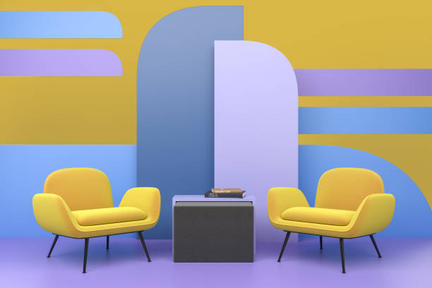 istock Relax room interior with chairs and books, geometric design. Copy space 1407982578