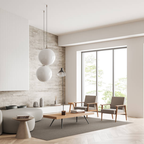 istock Light living room interior with couch and seats, fireplace and panoramic window 1407982671