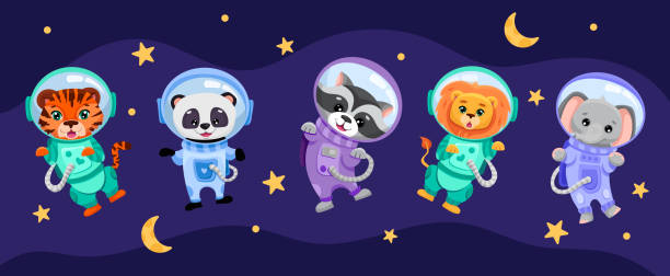 istock Cute animals set in open space with planets, moon and stars. Astronauts in costumes for children banner, textile print, kids design. Hand drawn vector cartoon illustration 1407982695