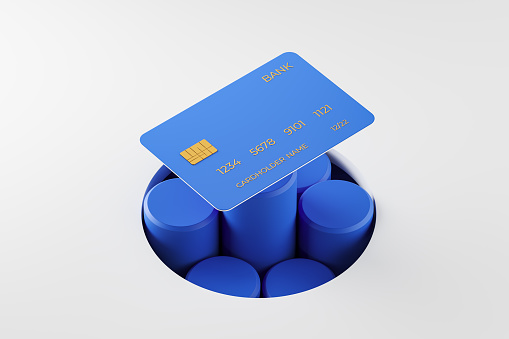 Blue credit card on abstract podium, light grey background. Concept of bank and payment, e-commerce. 3D rendering