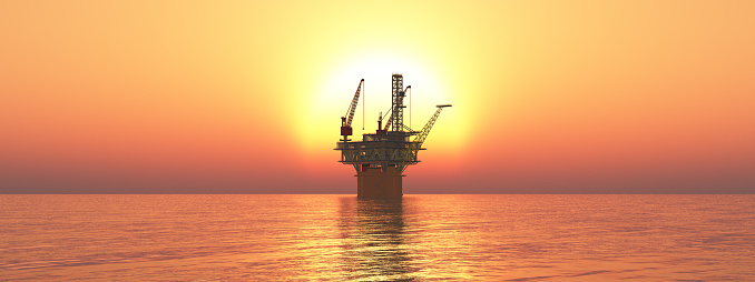 Computer generated 3D illustration with an oil platform in the sea at sunset