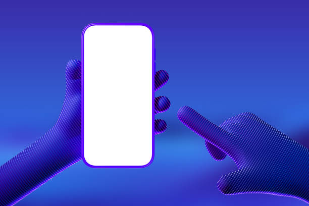 istock Cartoon character digital finger point at phone, mockup empty screen 1407983680