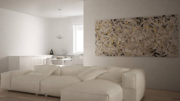 istock Modern living room with kitchen in a cozy open space apartment, white architecture interior design 1407983701