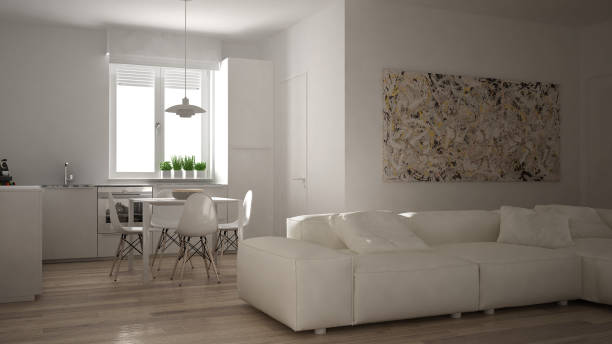 istock Modern living room with kitchen in a cozy open space apartment, white architecture interior design 1407983702