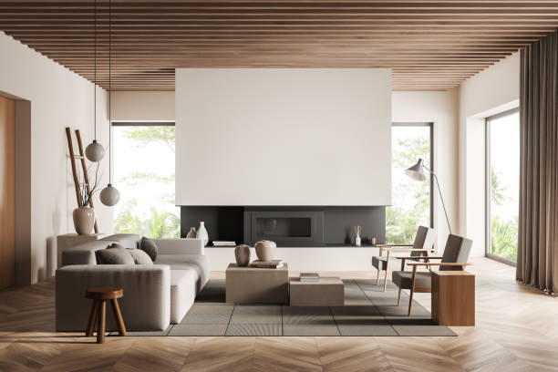 istock Light chill room interior with seats, fireplace near panoramic window. Mockup 1407983768