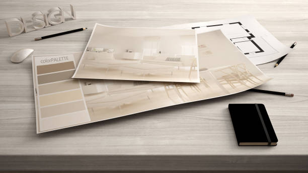 istock Architect designer concept, table close up with interior renovation draft, plan and color palette, project idea background, modern living room 1407983807
