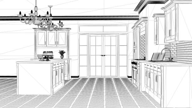 istock Interior design project, black and white ink sketch, architecture blueprint showing classic vintage luxury kitchen, island with big chandeliers and window, contemporary architecture 1407983840