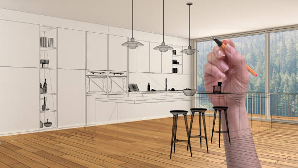 Empty white interior with parquet floor and big panoramic window, hand drawing custom architecture design, black ink sketch, blueprint showing modern kitchen