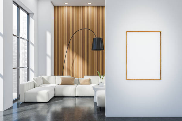 istock Light living room interior with couch and panoramic window, mockup frame 1407983853
