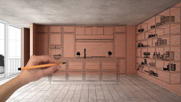 istock Home renovation, house development concept background, interior design under construction with hand drawing custom architecture, black sketch, blueprint showing modern kitchen 1407983860