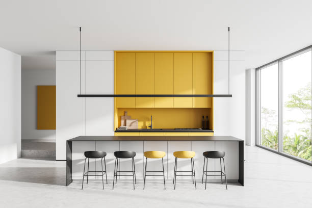 istock Light kitchen interior with island and bar seats, shelves and window 1407983877