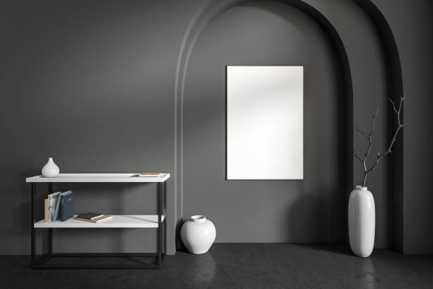 istock Grey living room interior with shelf and decoration, mockup frame 1407983939