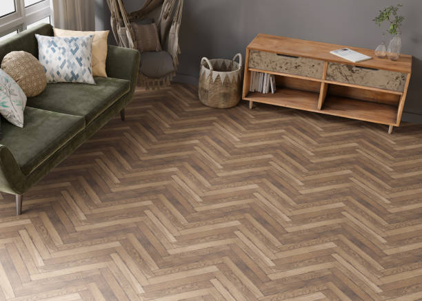 istock Interior mock up for carpet. Room interior in contemporary, boho style. Top view. Free, copy space on the floor for your carpet or rug design. Modern template. 3D rendering. 1407984381