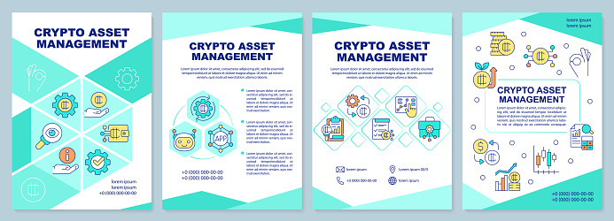 Tokenized assets management mint brochure template. Crypto. Leaflet design with linear icons. Editable 4 vector layouts for presentation, annual reports. Arial-Black, Myriad Pro-Regular fonts used