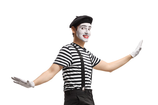 Funny mime dancing isolated on white background