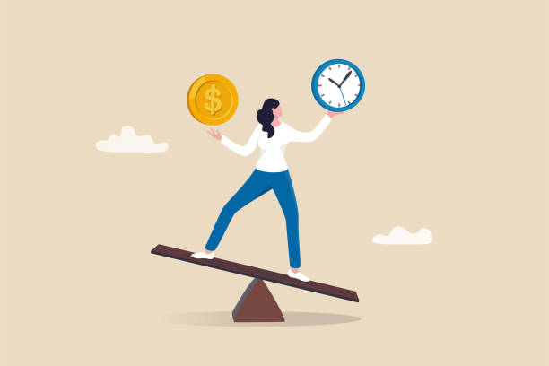 Time and money balance, weight between work and life, long term investment or savings, control or make decision concept, cheerful business woman balance between time clock and dollar money on seesaw. vector art illustration