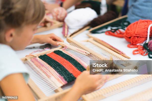 Mini Rug Weaver Girl Weaving Small Rug With Pattern At Masterclass On Weaving Stock ...