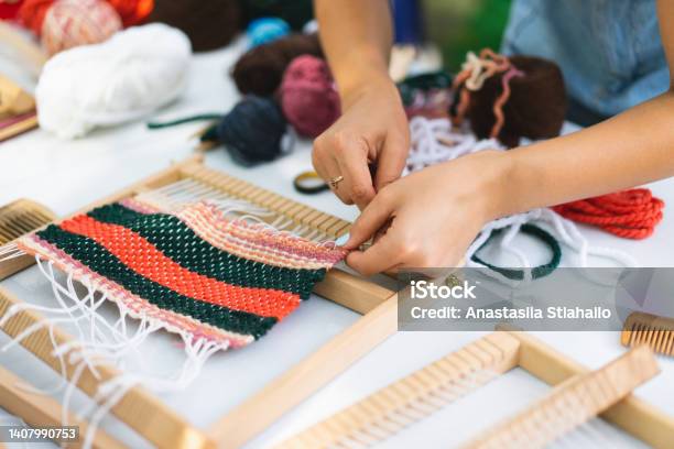 Mini Rug Weaver Girl Weaving Small Rug With Pattern At Masterclass On Weaving Stock ...