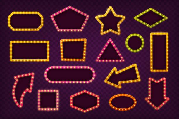 Retro lamps banners. Bulb billboard, marquee bulbs signs. Light signage and frames for vintage theater mirror. Circus or cinema, show exact vector empty templates Retro lamps banners. Bulb billboard, marquee bulbs signs. Light signage and frames for vintage theater mirror. Circus or cinema, show exact vector empty templates of billboard frame illustration theatre mirror stock illustrations