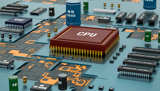 Close-up motherboard with main processor, transistor, silicon circuits, resistors, inductor, relays and random access memory. Computer technology, digital device and integrated circuit concept. 3D illustration
