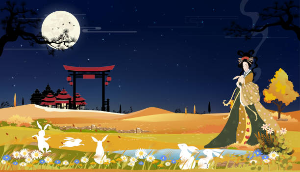 ilustrações de stock, clip art, desenhos animados e ícones de mid autumn festival banner with beautiful chang e holding jade rabbits with full moon at night, vector illustration cartoon mid autumn festival with chinese goddess of moon and white rabbits - adult autumn backgrounds beauty