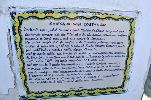 Capri, Campania, Italy - March 12, 2022: Majolica plaque of the Church of San Costanzo