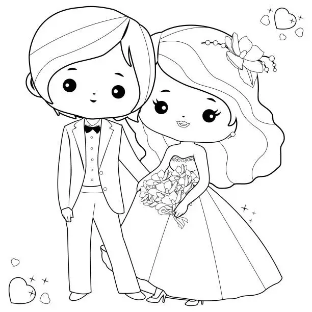 Vector illustration of Bride and groom. Vector black and white coloring page