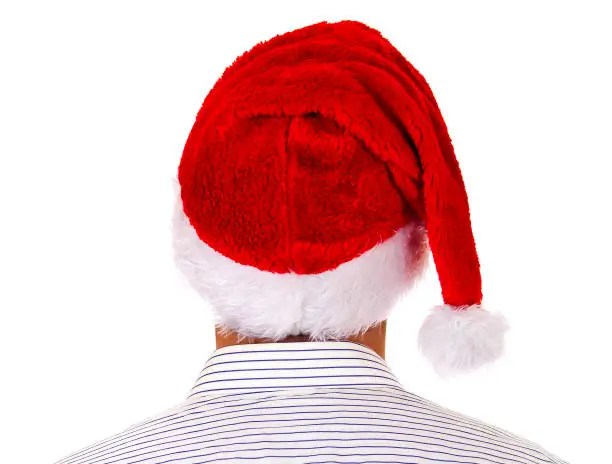 Rear View of a Man in Santa Hat Isolated on the White Background