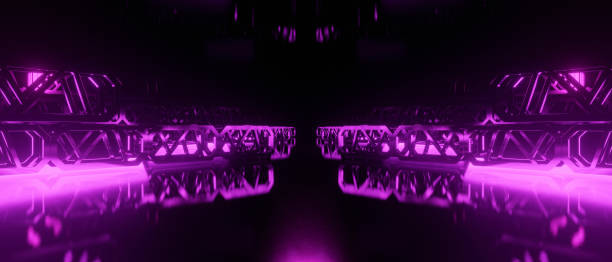 istock Futuristic Minimal Modern Simple Underground Realistic Light Glowing On Cement Concrete Dark Room Hangar Parking Car Showroom Tiled Floor Background Violet Abstract Background Wallpaper 3D Render 1407995034