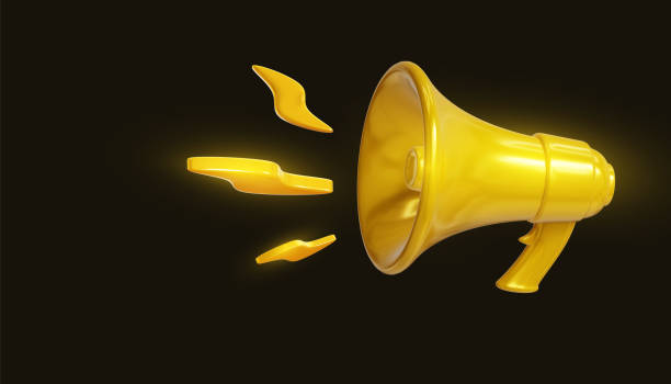 istock Gold megaphone loudspeaker with lightning on black background. 1407996251