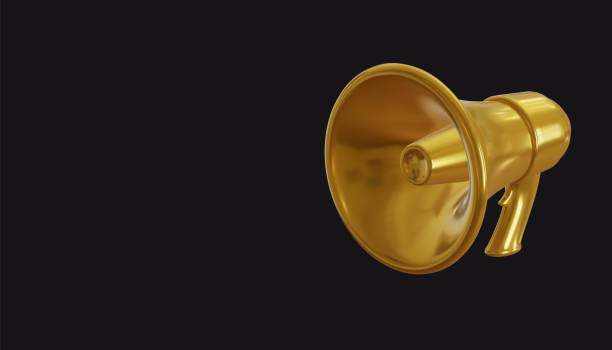 istock Gold megaphone loudspeaker on black background. 3D render  illustration. 1407996260
