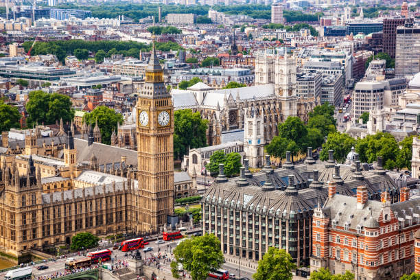 ビッグベンとウェストミンスター寺院のロンドンの航空写真 - westminster abbey city of westminster awe uk ストックフォトと画像