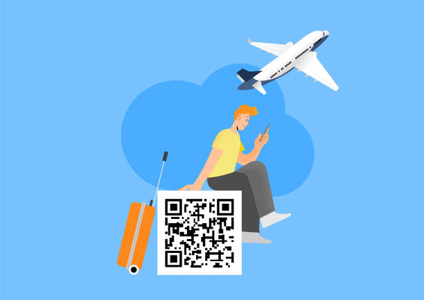 istock Young man traveler with suitcase looking at smartphone screen- Qr code template and airplane in background 1407996425