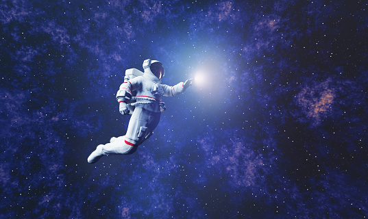 Astronaut fly in outer space on orbit of Earth planet. Night. City lights. Spaceman in spacesuit. Elements of this image furnished by NASA (url: https://images-assets.nasa.gov/image/iss040e090540/iss040e090540~orig.jpg https://images-assets.nasa.gov/image/sts069-714-046/sts069-714-046~medium.jpg)