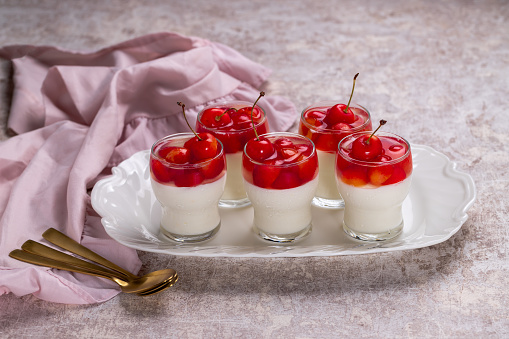 Traditional italian creamy dessert panna cotta. Dessert in a glass decorated with fresh cherry berries