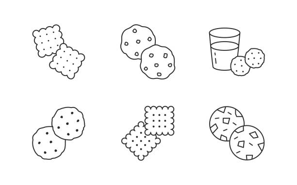 ilustrações, clipart, desenhos animados e ícones de ilustração de cookie doodle incluindo ícones - biscoito de açúcar fresco, biscoito crocante, copo de leite, massa, lanche. arte de linha fina sobre produtos de confeitaria. traçado editável - milk chocolate illustrations