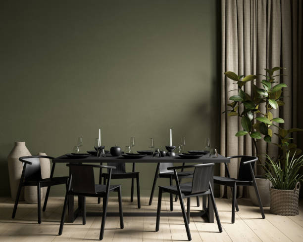 istock Green interior with dining table, plants and decor. 3d render illustration mockup. 1407997576