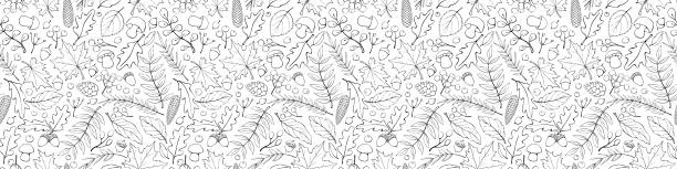 nahtloses muster fallende blätter, eicheln, beeren, pilze. vektor-herbsttextur, isoliert, handgezeichnet im doodle-stil, schwarzer umriss. konzept von wald, laubfall, natur, erntedankfest - autumn leaf falling panoramic stock-grafiken, -clipart, -cartoons und -symbole