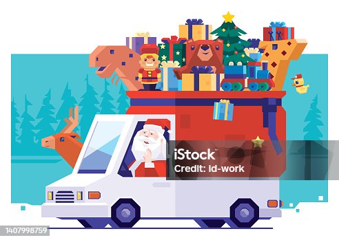 istock Santa Claus carrying gifts and toys on van 1407998759