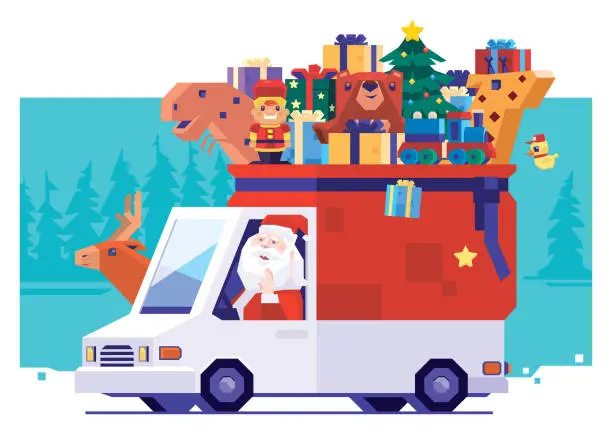 Vector illustration of Santa Claus carrying gifts and toys on van