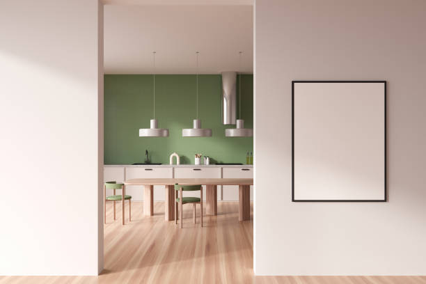 istock Light kitchen interior with eating table and seats on wooden floor. Mockup frame 1407999033