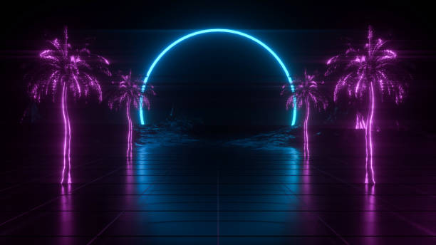 istock Neon retro background with a corridor between palm trees to a neon arch - 3D rendering 1407999170