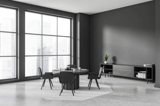 istock Grey meeting interior with table and chairs, panoramic window and mockup 1407999192